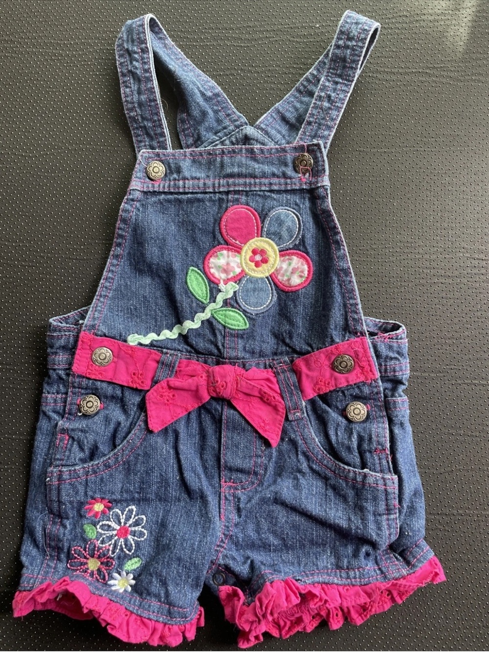 Girls' Denim Floral Short Overalls with Pink Accents